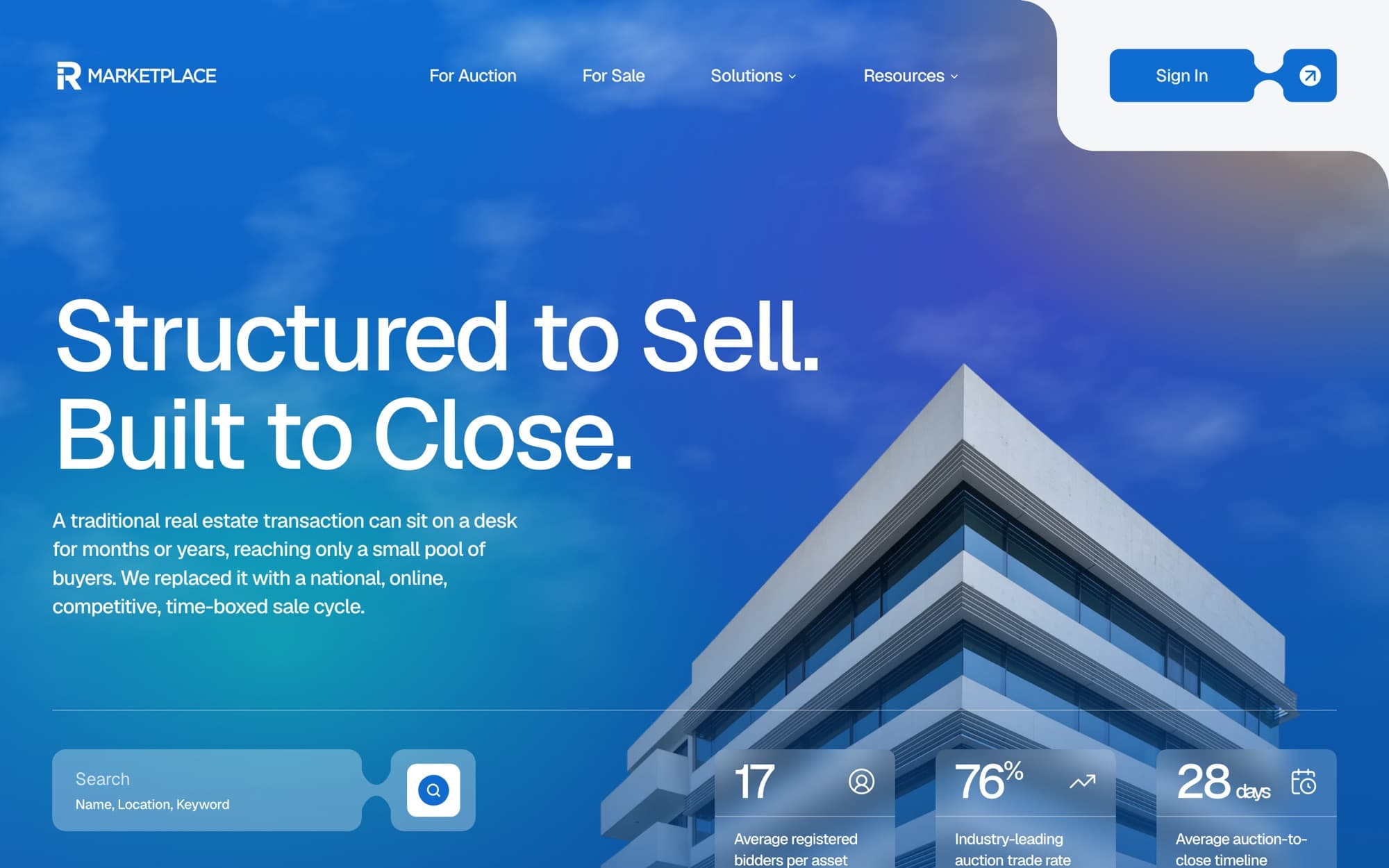 RI Marketplace home page with the headline Structured to Sell, Built to Close, a property search bar, and platform stats